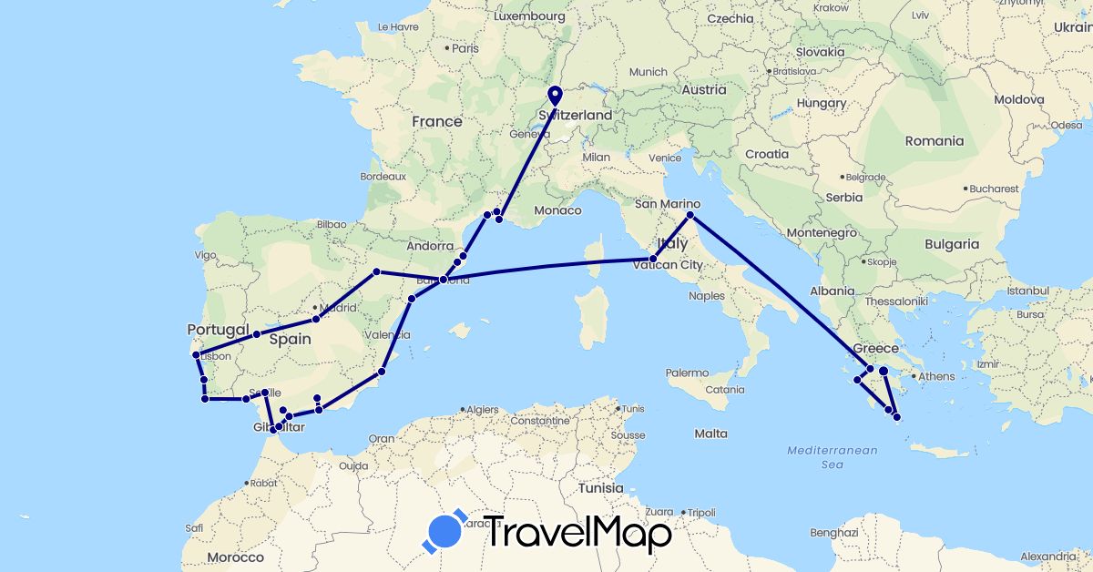 TravelMap itinerary: driving in Switzerland, Spain, France, Gibraltar, Greece, Italy, Portugal (Europe)